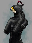 anthro arms_tied bdsm bitchsuit blindfold bondage bondage_gear bound buckle chicken-wing_tied falconry_hood hood leather leather_helmet male sensory_deprivation sensory_deprivation_helmet solo straps ammylin aarakocra_(dnd) avian bird falcon falconid 3:4 hi_res