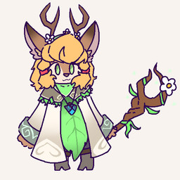 accessory anthro antlers blonde_hair eyelashes female flower flower_accessory flower_in_hair flower_on_head green_eyes hair hair_accessory hairclip headband hooves horn jewelry magic_staff magic_user necklace plant solo staff kukilupkun gunfire_reborn yoyo_(gunfire_reborn) deer mammal 1:1