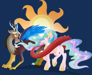 antlers blush crown cutie_mark duo fangs feathered_wings feathers female feral gold_(metal) hair headgear horn jewelry male multicolored_hair necklace red_eyes simple_background sparkles sun teeth transparent_background wings falleninthedark friendship_is_magic hasbro my_little_pony mythology discord_(mlp) princess_celestia_(mlp) chimera draconequus equid equine mammal mythological_creature mythological_equine winged_unicorn 2014 alpha_channel hi_res