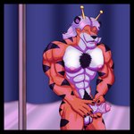 anthro ball_tuft balls big_muscles bodily_fluids body_hair bottomwear clothing erection foreskin fur genital_fluids genitals hair male masturbation muscular muscular_male navel nipples nude orange_body pants pecs penis pole precum pubes simple_background solo stripes stripper_pole tuft vein veiny_penis white_body white_hair spikysketches cartoon_network foster's_home_for_imaginary_friends blake_superior felid imaginary_friend mammal pantherine tiger absurd_res digital_media_(artwork) hi_res