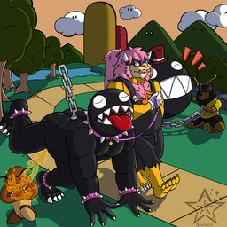 4_fingers 4_toes anklet anthro black_clothing black_mane black_overalls bodily_fluids bottomwear bracelet brown_body chain claws clothing collar fangs feet finger_claws fingers genital_fluids gloves hair handwear hat headgear headwear hiked_leg horn jewelry leash legband mane outside overalls peeing_outside pink_eyes pink_hair ponytail raised_leg shirt shorts spiked_anklet spiked_bracelet spiked_collar spiked_legband spikes teeth toe_claws toes tongue tongue_out top_hat topwear urine water watersports yellow_clothing yellow_shirt yellow_topwear fafnir_stardust_(artist) mario_bros nintendo chain_chomp dragon_koopa felid goomba koopa lion mammal pantherine scalie 1:1