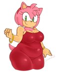 anthro belly big_breasts breasts cleavage clothed clothing dress female glistening glistening_clothing glistening_dress green_eyes looking_at_viewer red_clothing red_dress simple_background slightly_chubby slightly_chubby_anthro slightly_chubby_female smile solo thick_thighs tight_clothing tight_dress saiyaman22 sega sonic_the_hedgehog_(series) amy_rose eulipotyphlan hedgehog mammal absurd_res hi_res