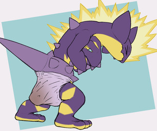 ambiguous_gender anthro clothed clothing diaper diaper_only electricity eyes_closed feces holding_chest mohawk pooping purple_body scrunchy_face side_view simple_background soiled_diaper soiling soiling_diaper solo tail topless unclean_diaper used_diaper using_diaper wearing_diaper tyggles_(artist) nintendo pokemon amped_toxtricity generation_8_pokemon pokemon_(species) toxtricity 6:5 digital_media_(artwork)