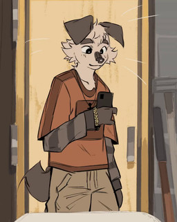 anthro biped black_eyes brown_body brown_fur cellphone clothed clothing electronics eyebrows floppy_ears fur holding_cellphone holding_object holding_phone holding_smartphone male phone slim_anthro slim_male smartphone smile solo tail tail_motion tailwag hemuchang shin_(hemuchang) canid canine canis domestic_dog mammal 2024 animated hi_res no_sound short_playtime video
