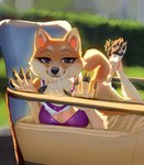 anthro black_nose breasts claws eyebrows eyelashes female fur looking_at_viewer orange_body orange_fur pawpads purple_eyes smile solo white_body white_fur hauringu canid canine canis domestic_dog mammal shiba_inu spitz 2022 hi_res