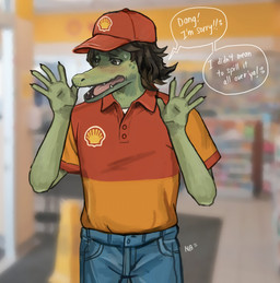 anthro apology baseball_cap black_hair bottomwear clothed clothing denim denim_bottomwear denim_clothing employee_uniform facial_hair footwear fully_clothed gas_station hair hat headgear headwear holding_object jeans key male name_tag object_in_mouth pants shirt shoes sneakers solo stubble t-shirt topwear noisybear cooper_(noisybear) alligatorid crocodilian reptile scalie hi_res