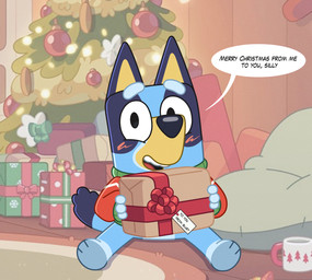 3_fingers 3_toes ambiguous_anthro ambiguous_gender anthro barefoot bean_bag biped black_eyes black_text blue_body blue_ears blue_eyebrows blue_fur blue_tail blush blush_lines bottomless bottomless_anthro bottomless_female box christmas_clothing christmas_decorations christmas_ornament christmas_present christmas_sweater christmas_topwear christmas_tree clothed clothed_anthro clothed_female clothing container cup dialogue dipstick_tail eyebrows featureless_crotch feet female fingers floor fur gift gift_box green_clothing green_sweater green_topwear holding_box holding_container holding_object holding_present holidays inside long_sleeves looking_at_viewer markings mug multicolored_body multicolored_clothing multicolored_fur multicolored_sweater multicolored_topwear on_model open_mouth ornament paws pink_tongue plant pointy_ears prick_ears red_clothing red_sweater red_topwear rug sitting smile smiling_at_viewer solo speech_bubble sweater sweater_only tail tail_markings talking_to_viewer teeth text toes tongue toony topwear topwear_only tree two_tone_body two_tone_fur wall_(structure) white_clothing white_sweater white_topwear wood wood_floor wood_wall yellow_body yellow_fur yellow_inner_ear biocrine bluey_(series) christmas bluey_heeler australian_cattle_dog canid canine canis cattledog domestic_dog herding_dog mammal pastoral_dog 2025 english_text hi_res female_(lore)