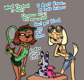 5_fingers adolescent ambiguous_feral ambiguous_gender angry anthro arm_warmers armwear ball bikini biped black_body black_collar black_eyebrows black_eyewear black_fur black_nose black_spots black_sunglasses black_text blonde_hair blue_bikini blue_clothing blue_eyes blue_sarong blue_swimwear blue_text bodily_fluids bone bottomwear breasts brown_body brown_ears brown_fur brown_hair clenched_teeth clothed clothing collar collar_tag color_coded_text crossed_arms dialogue duo eyebrows eyelashes eyewear eyewear_on_head female female_anthro feral fingers floppy_ears fur furniture green_arm_warmers green_armwear green_bottomwear green_clothing green_eyebrows green_hat green_headwear green_shirt green_skirt green_tank_top green_text green_topwear grey_background grey_body grey_fur hair half-closed_eyes hat headgear headwear holding_tennis_ball holding_tennis_racket humanoid_hands larger_anthro larger_female leaning leaning_forward loli looking_down markings midriff multicolored_body multicolored_fur narrowed_eyes navel on_table open_mouth pink_tongue pose pupils purse sarong shirt short_tail simple_background size_difference skimpy skimpy_bikini skirt skull skull_head small_breasts smaller_ambiguous smaller_feral spots spotted_body spotted_fur standing stealing sunglasses sunglasses_on_head sweat sweaty_face sweaty_legs swimwear table tail talking_feral talking_to_another tank_top teeth tennis_ball tennis_racket text tongue topwear translucent translucent_clothing translucent_sarong two-piece_swimsuit two_tone_bikini two_tone_body two_tone_fur visor_cap white_bikini white_clothing white_swimwear yellow_body yellow_collar yellow_ears yellow_fur young young_anthro young_female soulcentinel brandy_and_mr._whiskers disney brandy_harrington tiffany_turlington waketab_(waketab) canid canine canis domestic_dog lagomorph leporid mammal rabbit 2025 detailed digital_drawing_(artwork) digital_media_(artwork) english_text