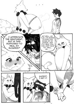 anthro areola arm_under_breasts big_breasts biped blush bodily_fluids breast_markings breast_squish breasts comic_panel covering covering_breasts dialogue duo embarrassed female huge_breasts inverted_nipples male male/female markings nipples speech_bubble squish sweat sweatdrop text realius bakki_(realius) canid canine fox human mammal comic english_text halftone hi_res monochrome pen_(artwork) traditional_media_(artwork)