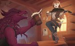 anthro blue_eyes brown_hair clothed clothing duo fangs female hair inside long_hair male one_eye_closed open_mouth open_smile purple_body purple_hair red_eyes red_tongue sharp_teeth side_view sitting smile standing tavern teeth text tongue window santanahoffman dungeons_and_dragons hasbro mythology wizards_of_the_coast dragon dragonborn_(dnd) elf half-elf humanoid mythological_creature mythological_scalie scalie 2025 artist_name dated hi_res