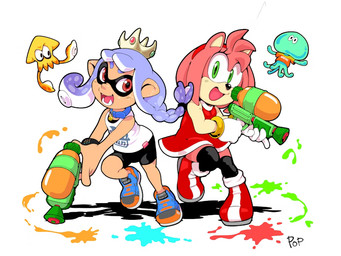 anthro clothing duo female ink simple_background smile smiling_at_viewer toy toy_gun water_gun white_background erosuke nintendo sega sonic_the_hedgehog_(series) splatoon amy_rose fan_character aquatic cephalopod humanoid inkling inkling_(squid_form) jellyfish_(splatoon) mollusk digital_drawing_(artwork) digital_media_(artwork) signature