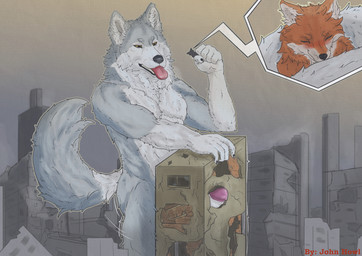 anthro blush blush_lines building building_destruction building_penetrated city city_background city_destruction close-up destruction dominant dominant_male duo erection extreme_size_difference genitals looking_pleasured macro male male/male penis shy size_difference bigkami john_howl canid canine canis fox humanoid mammal wolf absurd_res hi_res