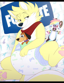 3_fingers 4_toes ambiguous_gender anthro bed big_diaper black_nose character_plushie clean_diaper clothed clothing diaper feet fingers fur furniture half-closed_eyes hand_on_diaper high-angle_view inner_ear_fluff kerchief lying multicolored_body multicolored_fur narrowed_eyes neckerchief neckwear on_back on_bed on_pillow pattern_diaper pawpads pillow pink_pawpads red_kerchief red_neckerchief solo tail text text_on_diaper toes touching_diaper tuft two_tone_body two_tone_fur two_tone_tail wearing_diaper white_body white_fur white_inner_ear_fluff white_tail yellow_body yellow_fur yellow_tail shuphle augie_doggie_and_doggie_daddy epic_games fortnite hanna-barbera doggie_daddy fang29_(character) starbit_(jupiters) canid canine canis domestic_dog hybrid kangaroo macropod mammal marsupial 2023 english_text full-length_portrait hi_res letterbox portrait