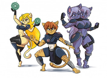 2_heads 3_breasts anthro big_breasts breasts cleavage clothed clothing fantasy female fully_clothed group magic male multi_breast multi_head power superhero joelasko claude_(flafty) felicia_(flafty) leona_(flafty) felid mammal