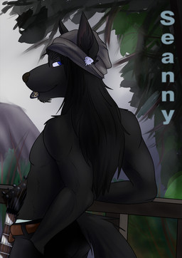 anthro beanie belt black_body black_fur black_hair blue_eyes bottomwear clothing denim denim_bottomwear denim_clothing electric_guitar forest fur guitar hair hat headgear headwear jeans long_hair looking_at_viewer looking_back looking_back_at_viewer male musical_instrument pants plant plucked_string_instrument shirtless smug solo string_instrument tail tree nemadur seanny canid canine canis mammal wolf