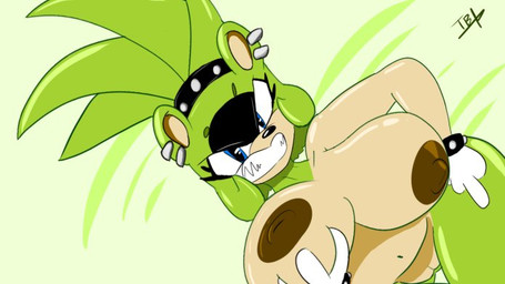 angry anthro blue_pupils breasts clothing female fur genitals gloves green_body green_fur green_hair hair handwear nipples piercing pupils solo vulva lunnybunny19 idw_publishing sega sonic_the_hedgehog_(comics) sonic_the_hedgehog_(idw) sonic_the_hedgehog_(series) surge_the_tenrec afrosoricid mammal tenrec
