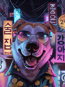 ambiguous_gender black_gums black_nose city clothed clothed_feral clothing eyewear feral fur solo sunglasses tan_ears tan_head text whisker_spots white_body white_fur alexpahomov canid canine canis domestic_dog korean_jindo mammal mixed_breed spitz 2023 digital_media_(artwork) digital_painting_(artwork) hi_res korean_text painting_(artwork)