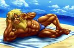 abs anthro athletic beach biceps big_muscles biped brown_body brown_fur bulge clothed clothing cloud eyewear fangs fur glasses grin hair looking_at_viewer lying male mane muscular muscular_anthro muscular_male on_side on_towel outside pecs pose sand sea seaside sky smile solo speedo sunglasses swimwear tattoo teeth topless towel water symbolhero matt_valkyrie felid lion mammal pantherine 2014