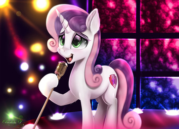 cutie_mark electronics eyebrows eyelashes female feral fur green_eyes horn microphone open_mouth solo stage tongue white_body white_fur darksly-z friendship_is_magic hasbro my_little_pony mythology sweetie_belle_(mlp) equid equine mammal mythological_creature mythological_equine unicorn 2020 absurd_res digital_media_(artwork) hi_res