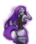 anthro black_body black_fur breasts clothing female fur hair legwear looking_at_viewer looking_back looking_back_at_viewer panties pink_nose purple_eyes purple_hair purple_tail shirt solo tail tail_through_underwear tank_top thigh_highs topwear underwear shasheep dreamkeepers kalei_(dreamkeepers) ailurid mammal red_panda absurd_res hi_res