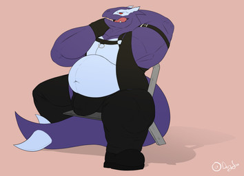 armpit_fetish boots bulge chair chaps clothing footwear furniture harness leather leather_clothing leather_harness leather_strap leather_topwear leather_vest looking_at_viewer male musclegut muscular on_chair pose shoes sitting sitting_on_chair stare straps topwear vest dozjow nintendo pokemon generation_3_pokemon legendary_pokemon pokemon_(species) shadow_lugia shadow_pokemon 2022 absurd_res hi_res