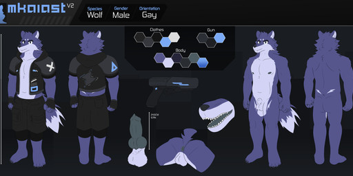 4_toes animal_genitalia anthro anus balls black_clothing blue_eyes bottomwear butt canine_genitalia claws clothing color_swatch erection eyebrows fangs feet finger_claws fingerless_gloves fluffy fluffy_balls fluffy_tail fur genitals gloves grey_clothing gun handgun handwear hood jacket looking_at_viewer male navel nipples nude open_mouth penis pistol pockets purple_body purple_fur ranged_weapon sheath shorts solo streetwear tail techwear teeth text toe_claws toes topwear tuft weapon mkaiast mkaiast_(character) canid canine canis mammal wolf absurd_res english_text hi_res model_sheet watermark