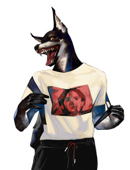 anthro backpack black_body clothing fangs male red_eyes shirt smile solo t-shirt teeth topwear sssnake_mg canid canine canis dobermann domestic_dog mammal pinscher hi_res