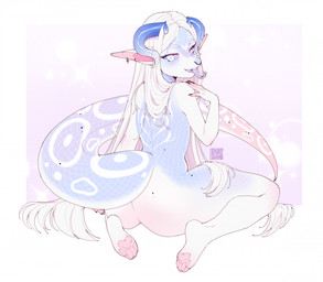 anthro blue_body blue_horn butt ear_piercing ear_ring ear_stud facial_piercing glistening glistening_eyes hair horn kneeling long_hair looking_at_viewer male male_anthro markings multiple_piercings nose_piercing nose_ring nude open_mouth pawpads piercing pink_pawpads rear_view ring_piercing septum_piercing septum_ring simple_background solo tail tail_markings tongue tongue_out white_body white_eyes white_hair sonyan mythology dragon mythological_creature mythological_scalie scalie hi_res