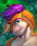 anthro blue_eyes fur hair male orange_body orange_fur purple_hair purple_nose simple_background smile solo white_body white_fur dimonis domestic_cat felid feline felis mammal 2023 hi_res watermark