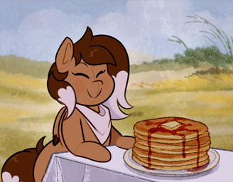 bib blush blush_stickers butter dairy_products female feral food furniture hair long_hair pancake plushie smile solo steam swaying table tablecloth tan_body wings ridiculouscake disney hasbro my_little_pony mythology winnie_the_pooh_(franchise) fan_character animate_inanimate equid equine living_plushie mammal mythological_creature mythological_equine pegasus animated