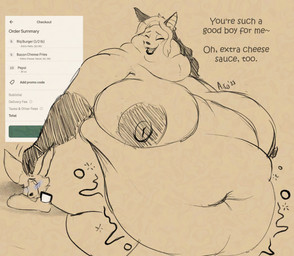 anthro areola belly big_belly big_breasts black_nose blush breasts bubble chubby_cheeks double_chin duo ear_piercing electronics eyes_closed fat_arms fat_neck female good_boy hair hand_on_head huge_belly huge_breasts larger_anthro larger_female looking_at_another looking_at_partner male male/female morbidly_obese morbidly_obese_anthro morbidly_obese_female navel neck_rolls nipples nude obese obese_anthro obese_female open_mouth open_smile ordering_food overweight overweight_anthro overweight_female phone piercing rumbling_stomach sharp_teeth sitting_on_another size_difference smaller_male smile teeth text weight_difference aikoarts uber_eats aiko_(aikoarts) dripdry canid canine canis fox jackal mammal 2025 english_text hi_res signature