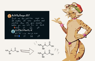 anthro balls blonde_hair bracelet chastity_cage chastity_device chastity_strap choker clothing ears_through_headwear flat_chastity_cage fur furgonomic_headwear furgonomics genitals glistening glistening_hair hair hand_on_own_waist hat headgear headwear jewelry looking_down looking_down_at_genitalia looking_down_at_penis male messy_hair mostly_nude necklace pink_chastity_cage pink_choker pink_jewelry pink_necklace simple_background slim_anthro slim_male solo spiked_bracelet spikes standing striped_body stripes tail text white_background yellow_body yellow_fur pekorelle reddit theo_(pekorelle) felid mammal pantherine tiger 2025 digital_media_(artwork) digital_painting_(artwork) english_text hi_res painting_(artwork)