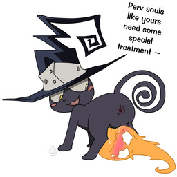 ambiguous_gender anus blush blush_lines blush_stickers bodily_fluids butt clothing duo female feral fur genital_fluids genitals hat headgear headwear open_mouth text vaginal_fluids vulva witch_hat yellow_eyes conditional_dnp muffinlewds soul_eater blair_(soul_eater) domestic_cat felid feline felis mammal 1:1 absurd_res digital_media_(artwork) english_text hi_res
