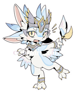 3_claws 3_fingers 4_ears accessory ambiguous_gender anthro armor biped blue_body bracelet chest_tuft chibi claws cute_fangs diamond_pupils digitigrade emanata eyebrows eyelashes fangs feathers featureless_crotch feet finger_claws fingers furgonomics headgear headgear_only helmet helmet_only inner_ear_fluff iris jewelry leg_accessory looking_at_viewer mostly_nude mostly_nude_ambiguous mostly_nude_anthro multi_ear multicolored_body multicolored_feathers open_mouth pupils ribbons simple_background solo standing tail tail_accessory tail_ribbon tan_body teeth toe_claws tuft white_background white_sclera winged_arms wings yellow_eyes theresnobody827 avali avian hi_res watermark