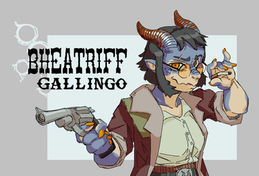anthro bandage bandage_on_face bandage_on_nose belt belt_buckle black_hair blue_body blue_skin buckle cigarette clothing coat collared_shirt colored_nails dress_shirt eyebrow_scar eyebrows eyewear facial_scar female flesh_fang freckles glasses gun hair handgun holding_cigarette holding_object horn light_body light_skin looking_at_viewer multicolored_body multicolored_skin nails orange_eyes raised_arms raised_eyebrow ranged_weapon revolver scar shirt short_hair smile smirk smug solo text tinted_glasses topwear two_tone_body two_tone_skin weapon pavanz bheatrice_(arturmv) kobold kobold_humanoid scalie
