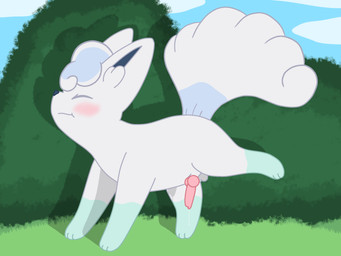 all_fours animal_genitalia animal_penis balls blush bodily_fluids canine_genitalia canine_penis embarrassed embarrassing_exposure eyes_closed feral fur genital_fluids genitals grass leaking_precum leg_markings male markings multi_tail outside penis plant pouting precum presenting presenting_penis raised_leg sheath shrub socks_(marking) solo tail text voyeur white_body white_fur 81yffulfmm nintendo pokemon generation_4_pokemon pokemon_(species) rotom rotom_phone 4:3 hi_res