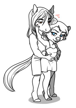 anthro blush chibi clothed clothing duo female heart_symbol male male/female simple_background smile standing white_background redpixie red_(redpixie) bear equid equine horse mammal