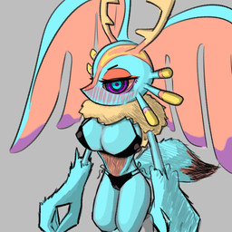 anthro antlers big_breasts bikini biped blush blush_lines breasts chest_tuft clothing countershade_torso countershading digitigrade dipstick_tail embarrassed female female_anthro fluffy fluffy_tail fur grey_background head_wings horn huge_wings looking_at_viewer markings mouthless multicolored_body multicolored_eyes multicolored_fur neck_tuft orange_body orange_fur pink_eyes pupils purple_sclera simple_background solo swimwear tail tail_markings tan_body tan_fur teal_body teal_breasts teal_eyes teal_fur three-quarter_view tuft two-piece_swimsuit unusual_wing_placement wings rinok_(pixiv) kirby_(series) kirby_and_the_forgotten_land nintendo fecto_elfilis alien chinchilla chinchillid mammal rodent starling_(kirby) 1:1 2025 digital_drawing_(artwork) digital_media_(artwork) hi_res korean_description portrait three-quarter_portrait