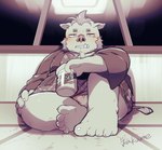 2022 alcohol anthro asian_clothing beer beverage blush bulge can clothing container detailed_background east_asian_clothing feet ganglie_(tas) hi_res humanoid_feet inside japanese_clothing kemono lifewonders male mammal overweight overweight_male plantigrade sitting solo suid suina sus_(pig) tokyo_afterschool_summoners umekemo42 underwear wild_boar