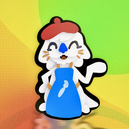 ^_^ abstract_background ambiguous_gender anthro apron beret blue_nose bottomless brush chibi clothed clothing colorful_background eyes_closed fur hair hand_on_hip hat headgear headwear long_hair looking_at_viewer open_mouth paintbrush raising_arm red_beret reflection smile solo standing tail teeth thick_outline tongue whiskers white_body white_fur yellow_tongue waso_mu mammal mustelid otter sea_otter 1:1 2026 colored digital_drawing_(artwork) digital_media_(artwork) full-length_portrait portrait nonbinary_(lore)
