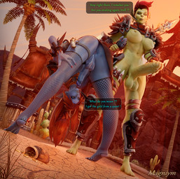 balls bent_over blue_body blue_skin butt butt_focus duo genitals green_body green_skin guard gynomorph hair hand_holding intersex intersex/intersex outside penis red_hair restrained_arms spread_legs spreading sun text magniym blizzard_entertainment warcraft orc troll_(warcraft) english_text hi_res