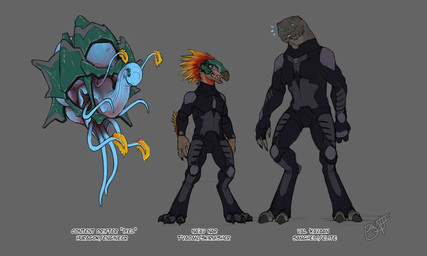 6_eyes ambiguous_gender anthro arm_feathers arm_tuft avian_caruncle beak bodysuit clothed clothing digitigrade feather_hair feathered_crest feathers feral floating group head_crest male multi_eye pseudo_hair skinsuit tentacles tight_clothing trio tuft benji_(artist) halo_(series) microsoft xbox_game_studios alien avian huragok kig-yar sangheili scalie t'vaoan 5:3 colored hi_res