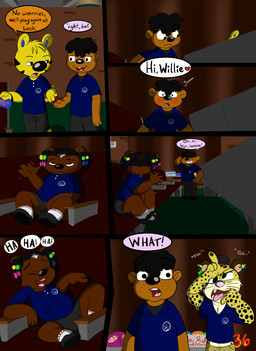 accessory anthro beads dialogue female gesture hair_accessory hair_beads hand_gesture laugh looking_at_another looking_at_viewer loser_gesture male navel nervous nervous_smile pointing school slightly_chubby slightly_chubby_female student text waving young sandune willie_and_michael alfred_tiger willie_munk bear cheetah felid feline mammal pantherine tiger comic handwritten_text hi_res
