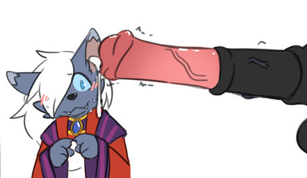4_fingers animal_genitalia animal_penis anthro balls black_nose blue_eyes blush blush_lines clothed clothing cum_dripping_from_penis duo equine_genitalia equine_penis erection fangs feral fingers fur gem genitals grey_body grey_fur hair hair_over_eye long_ears looking_at_genitalia looking_at_penis male male/male nervous penis ponytail red_clothing red_robe robe simple_background size_difference teeth vein veiny_penis white_background white_hair young young_anthro young_male shinyumbre blizzard_entertainment warcraft axel_(character) canid mammal werecanid werecreature worgen 2022 colored digital_drawing_(artwork) digital_media_(artwork) sketch
