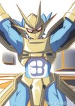 abs anthro armor blue_body eyes_closed gold_(metal) male solo unconvincing_armor curizzu bandai_namco digimon digimon_(species) magnamon absurd_res hi_res