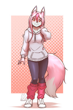 anthro clothed clothing dipstick_tail eyebrows female fingers footwear front_view fully_clothed hair long_hair looking_at_viewer markings solo tail tail_markings text mykegreywolf brand_new_animal netflix studio_trigger nazuna_hiwatashi canid canine fox mammal 2023 2:3 absurd_res digital_media_(artwork) hi_res url