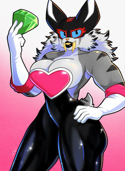 anthro big_breasts blue_eyes bodysuit breasts chaos_emerald cleavage clothed clothing fangs female gem long_teeth mask skinsuit smile solo teeth tight_clothing roboticsteve sega sonic_the_hedgehog_(series) rouge_the_bat saber_(roboticsteve) felid mammal prehistoric_species saber-toothed_tiger absurd_res hi_res