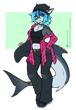 3_toes 5_fingers anthro beanie belt biped black_bottomwear black_clothing black_jeans black_pants black_shirt black_topwear blue_eyes blue_hair bottomwear breasts claws cleavage clothed clothed_anthro clothed_female clothing countershade_torso countershading denim denim_bottomwear denim_clothing ear_piercing eyebrows eyelashes feet female fin fin_piercing fingers footwear front_view fully_clothed fully_clothed_anthro fully_clothed_female furgonomic_piercing furgonomics geometric_background hair hat headgear headwear industrial_piercing jeans looking_at_viewer midriff navel non-mammal_breasts pants pattern_clothing pattern_shirt pattern_topwear piercing plaid plaid_clothing plaid_shirt plaid_topwear sharp_teeth shirt shoes short_hair simple_background skateboard smile solo standing tail tail_piercing teeth text toes topwear torn_bottomwear torn_clothing torn_jeans torn_pants vehicle ambris erika_(ambris) aquatic fish shark 2026 absurd_res digital_drawing_(artwork) digital_media_(artwork) hi_res url