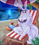 alcohol anthro beach beach_chair beach_umbrella beverage big_breasts bikini black_sclera breasts clothing cocktail eyewear eyewear_on_head feet female fur hair humanoid_feet night palm_tree parasol plant plantigrade red_eyes seaside solo sunglasses sunglasses_on_head swimwear tree two-piece_swimsuit white_body white_fur white_hair klopsiak one_piece carrot_(one_piece) sulong_carrot lagomorph leporid mammal rabbit hi_res