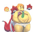 anthro bodily_fluids body_swap clothing cum cum_on_penis duo genital_fluids genitals male male/male overweight penis precum slightly_chubby small_waist underwear yellow_body alexander_bite amagi_brilliant_park bandai_namco digimon triken betelgammamon digimon_(species) 6:5 absurd_res hi_res